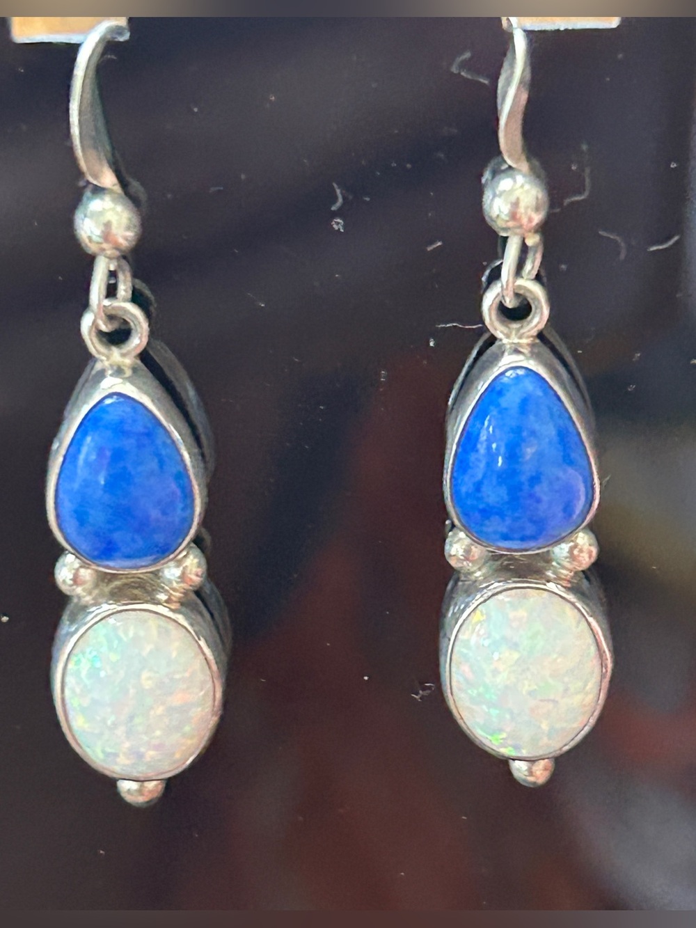 Vintage Denim Lapis, opal and sterling silver earrings.